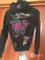 Пиджаки и костюмы объявление но. 2471488: Толстовка новая ed hardy 46 м черная замок капюшон хлопок стразы сваровски металл цветы розовые крис